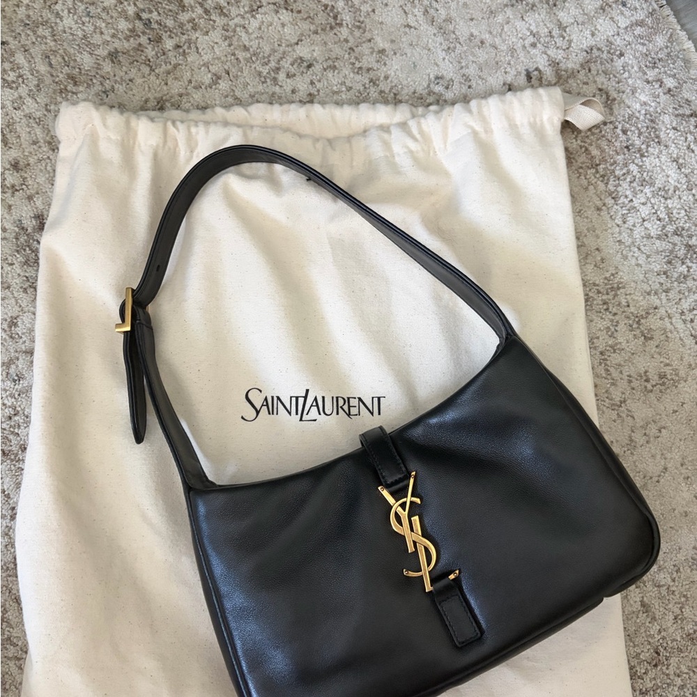 Yves Saint Laurent Black Leather Shoulder Bag with Gold YSL Logo